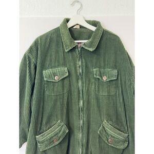 Retro Womens Corduroy Jacket Dark Green Zip Up Utility Pockets XL Academia Prep